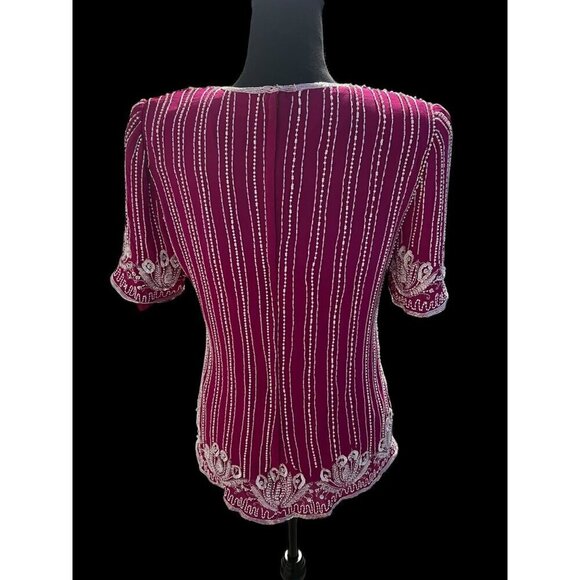 Vintage Fuchsia Beaded Silk Blouse With Pearl & Sequin Embellishments Short Slee - Picture 3 of 11